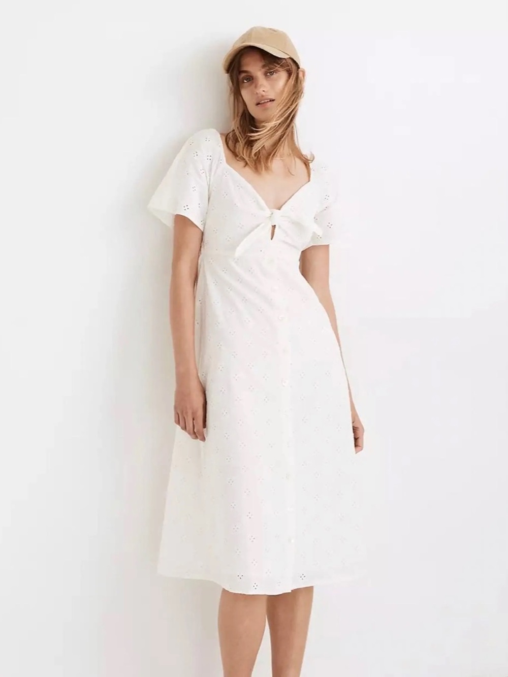 Madewell Eyelet Midi Dress with Tie Front - White